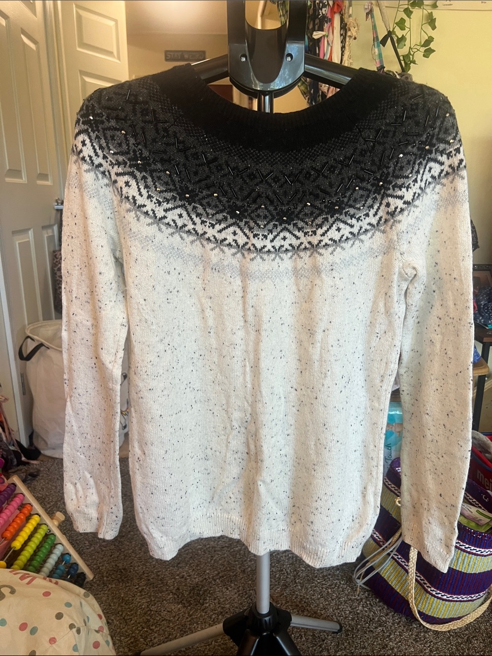 Talbots Black and Cream Fair Isle Crewneck Sweater